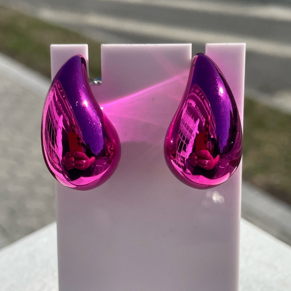 Metallic Pink Color Bottega style Hailey Bieber 30mm Dome Rain Drop Earrings